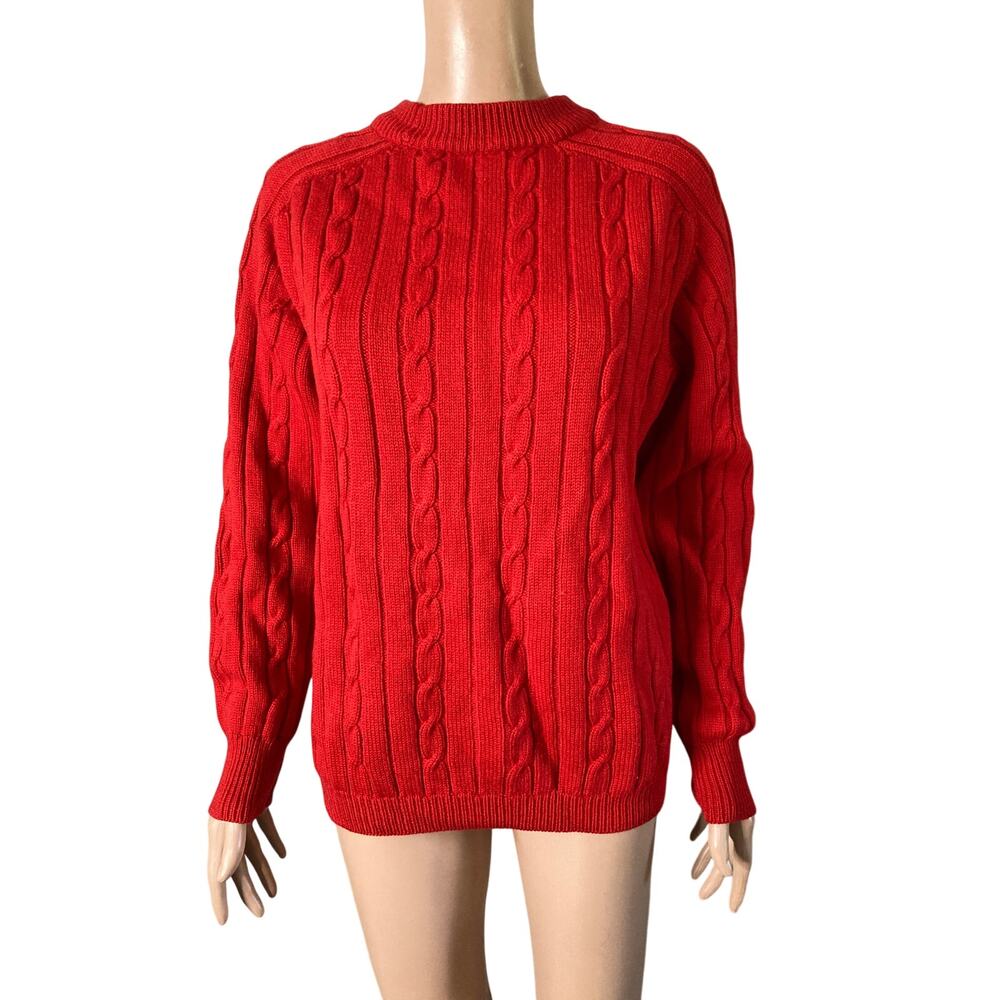 Vintage Red Cable Knit Sweater 100% Virgin Wool Chunky Cozy Pullover Grosse 54